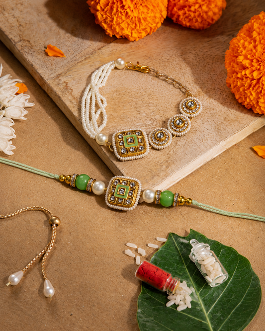 Mint Zavianth Kundan Meena Bhaiya Bhabhi Rakhi Bracelet Set | Tilak Set Included