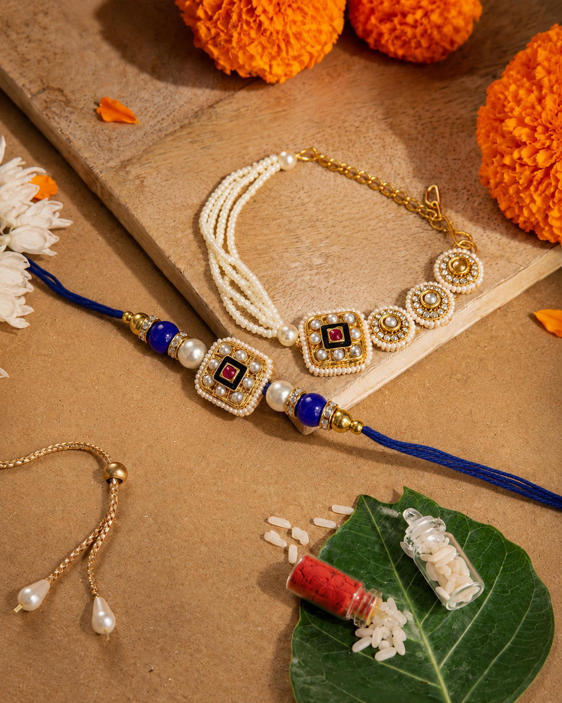 Blue Zavianth Kundan Meena Bhaiya Bhabhi Rakhi Bracelet Set | Tilak Set Included