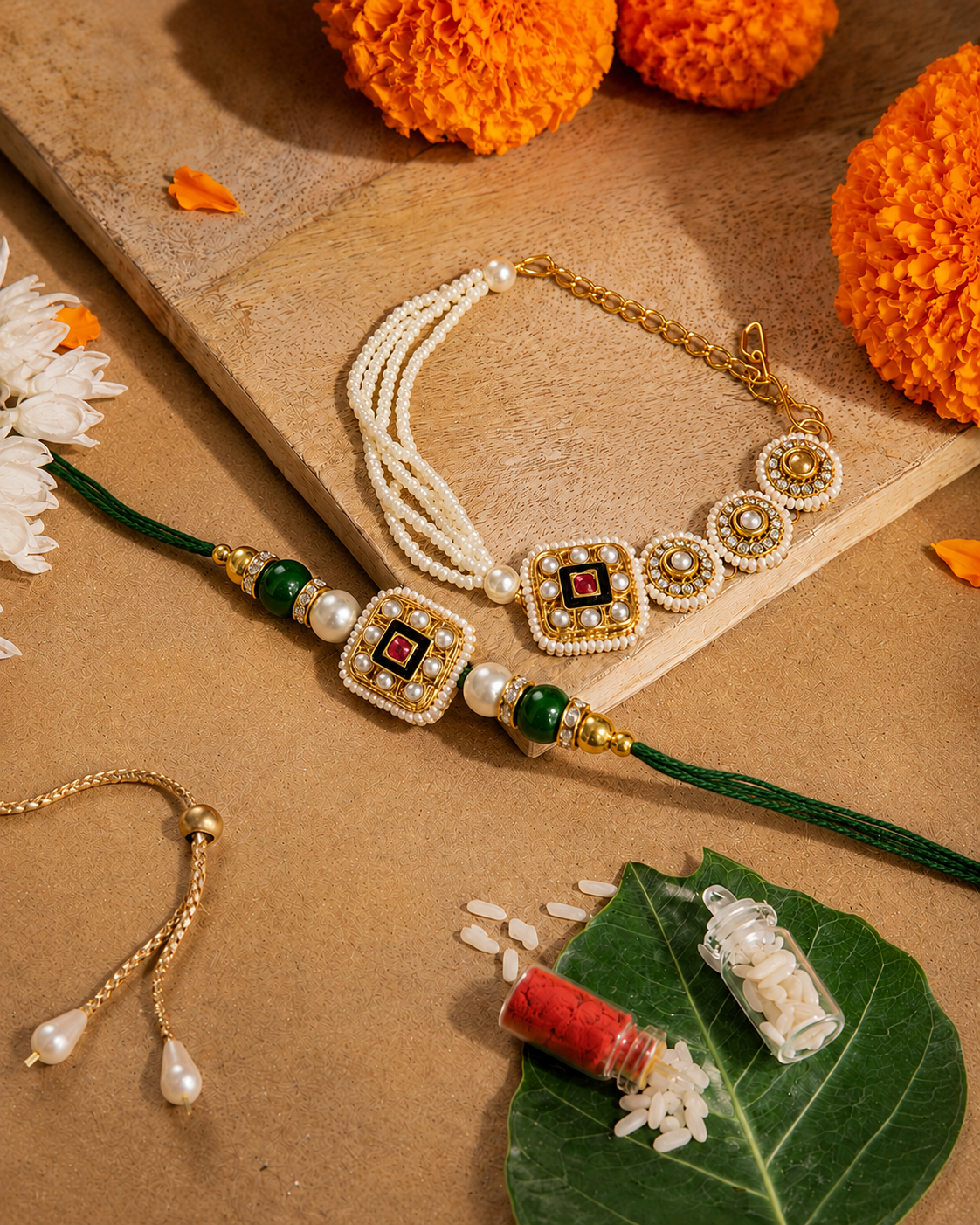 Green Zavianth Kundan Meena Bhaiya Bhabhi Rakhi Bracelet Set | Tilak Set Included