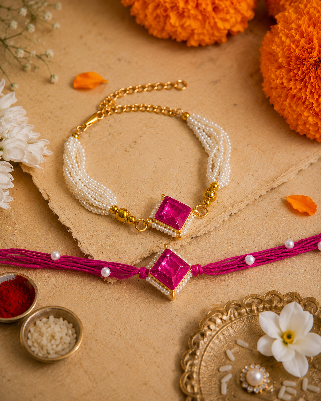 Pink Roushmi Bhaiya Bhabhi Rakhi Bracelet Set | Tilak Set Included