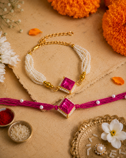 Pink Roushmi Bhaiya Bhabhi Rakhi Bracelet Set | Tilak Set Included