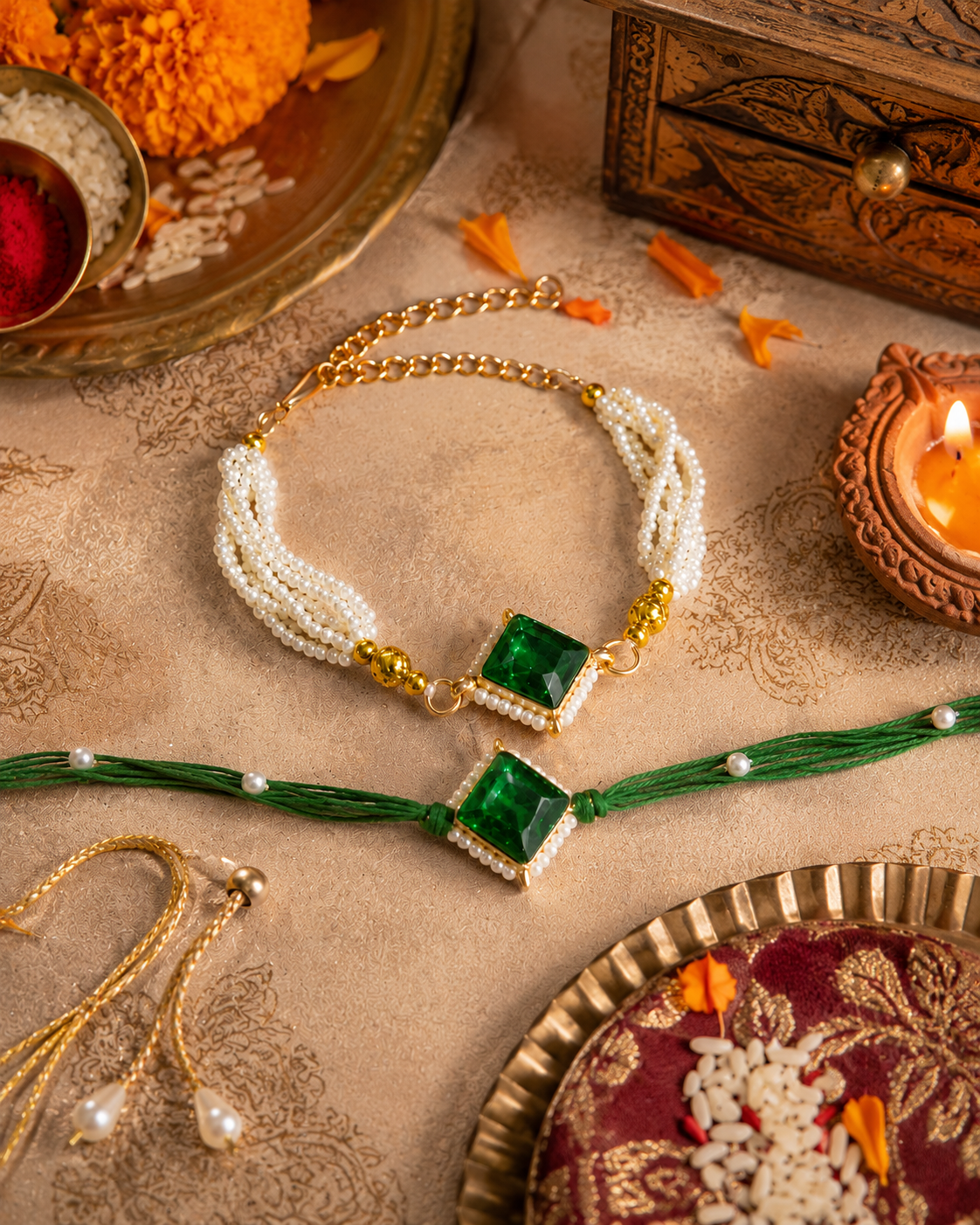 Green Roushmi Bhaiya Bhabhi Rakhi Bracelet Set | Tilak Set Included