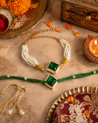 Green Roushmi Bhaiya Bhabhi Rakhi Bracelet Set | Tilak Set Included