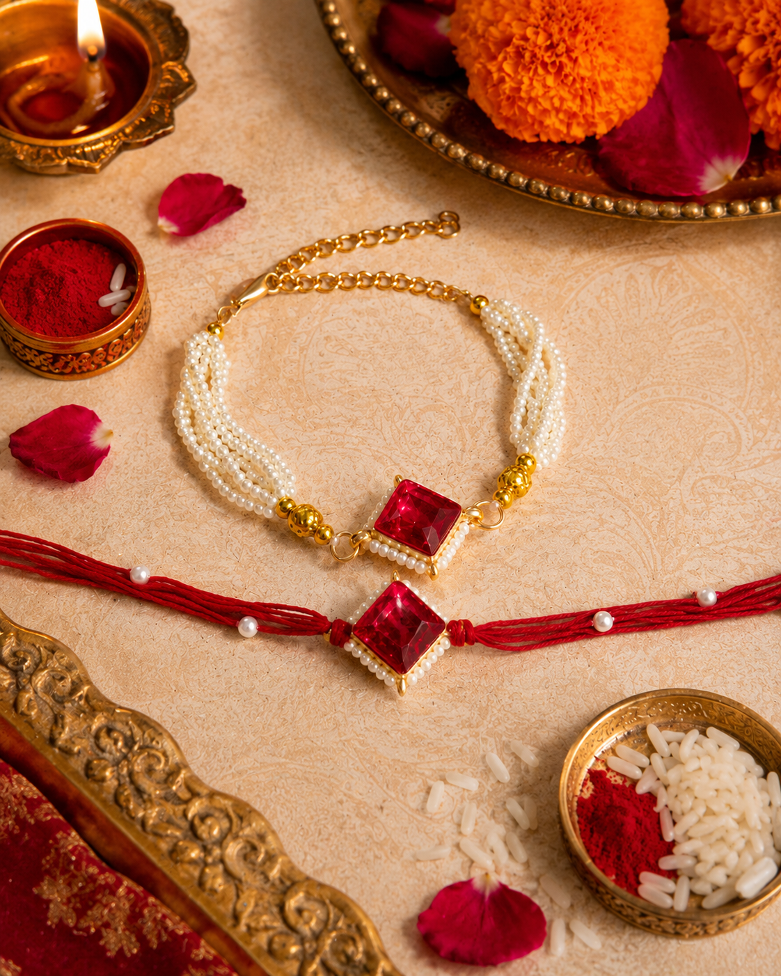 Red Roushmi Bhaiya Bhabhi Rakhi Bracelet Set | Tilak Set Included