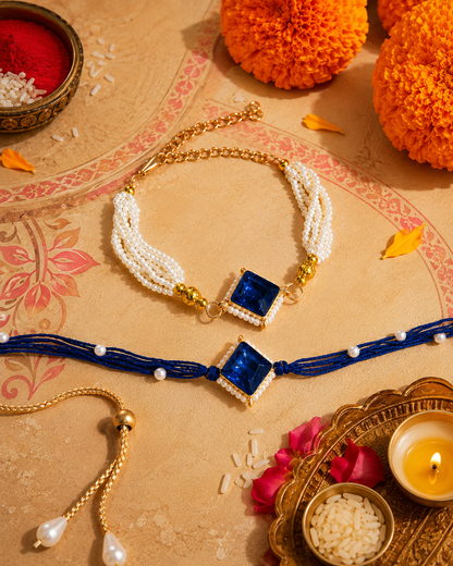 Blue Roushmi Bhaiya Bhabhi Rakhi Bracelet Set | Tilak Set Included