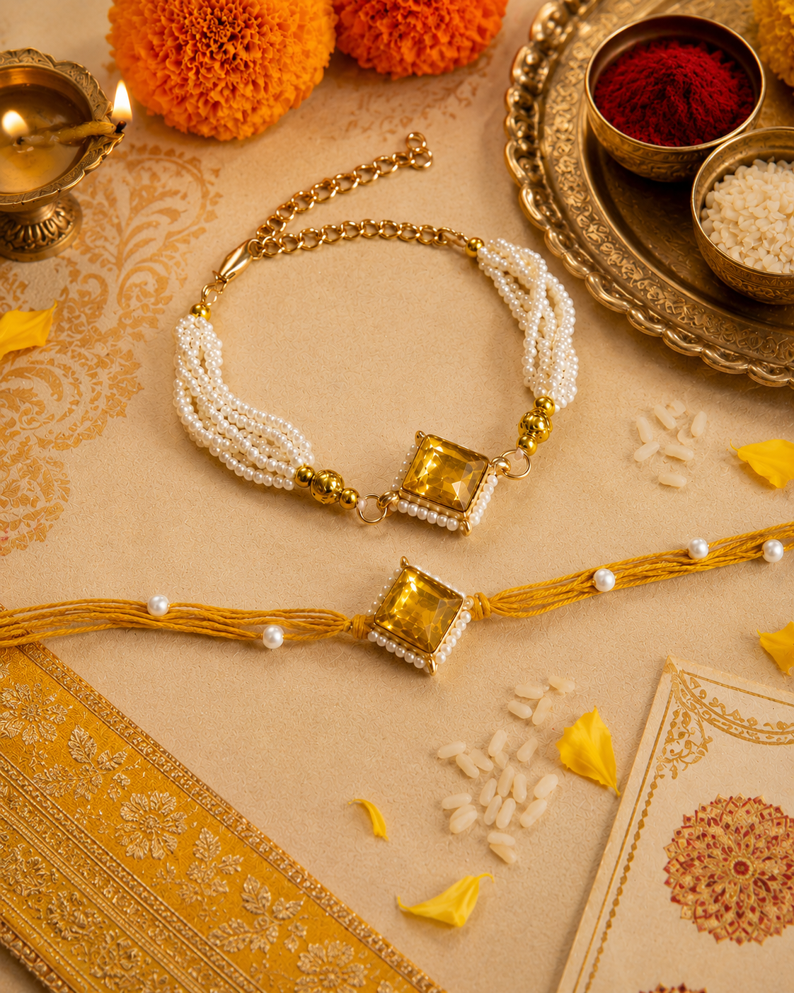 Yellow Roushmi Bhaiya Bhabhi Rakhi Bracelet Set | Tilak Set Included