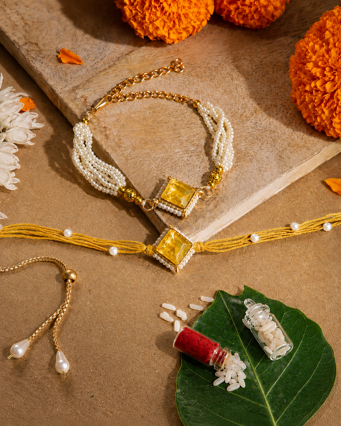 Yellow Roushmi Bhaiya Bhabhi Rakhi Bracelet Set | Tilak Set Included