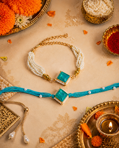 Turquoise Roushmi Bhaiya Bhabhi Rakhi Bracelet Set | Tilak Set Included
