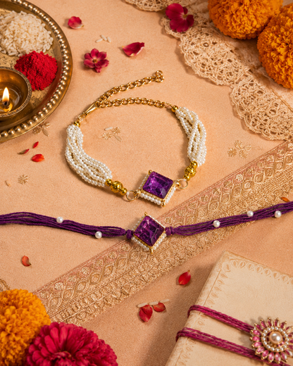 Purple Roushmi Bhaiya Bhabhi Rakhi Bracelet Set | Tilak Set Included