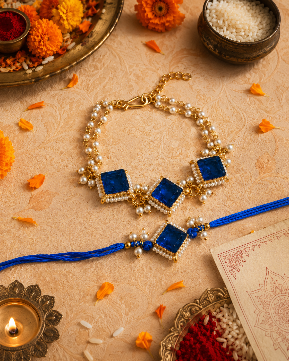 Blue Yugansh Bhaiya Bhabhi Rakhi Bracelet Set | Tilak Set Included