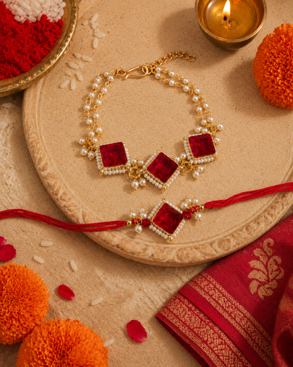 Red Yugansh Bhaiya Bhabhi Rakhi Bracelet Set | Tilak Set Included
