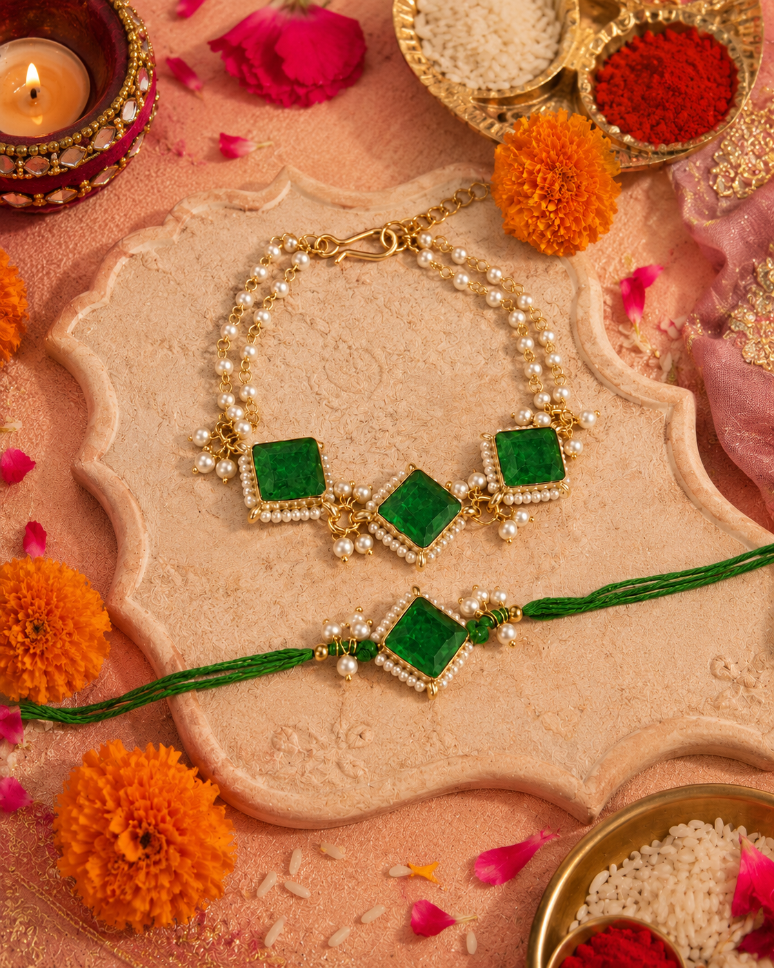 Green Yugansh Bhaiya Bhabhi Rakhi Bracelet Set | Tilak Set Included