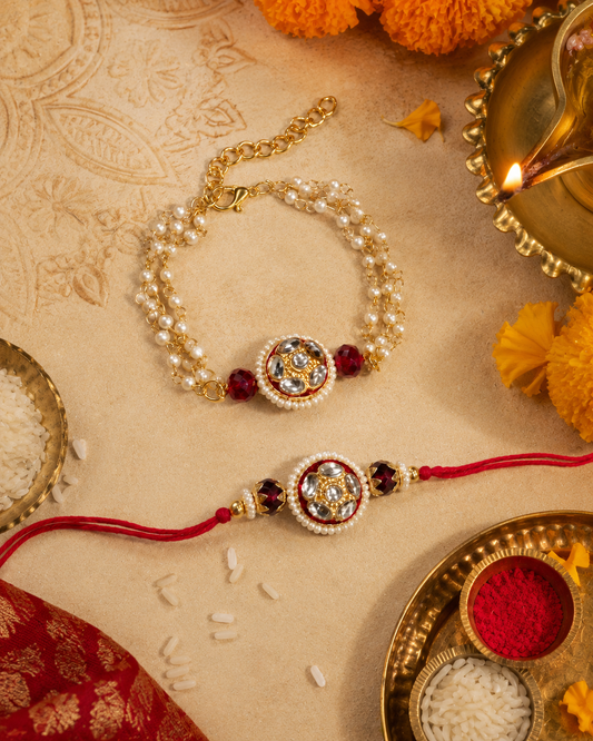 Red Ritansh Meena Bhaiya Bhabhi Rakhi Bracelet Set | Tilak Set Included