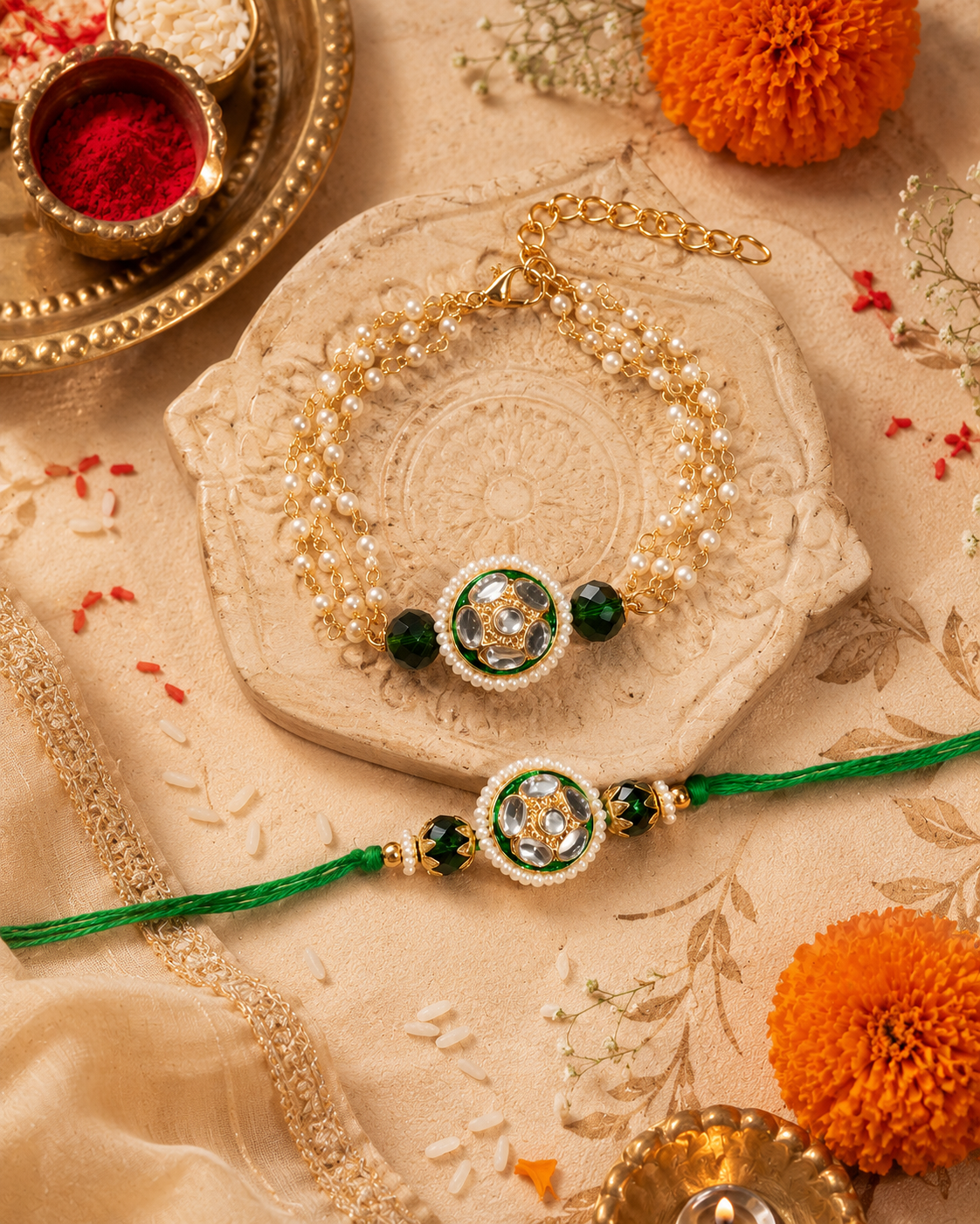 Green Ritansh Meena Bhaiya Bhabhi Rakhi Bracelet Set | Tilak Set Included