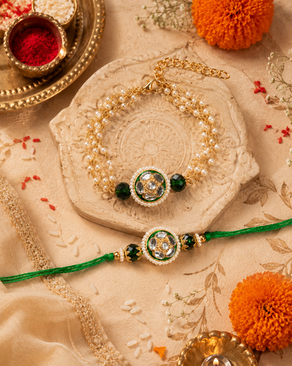 Green Ritansh Meena Bhaiya Bhabhi Rakhi Bracelet Set | Tilak Set Included