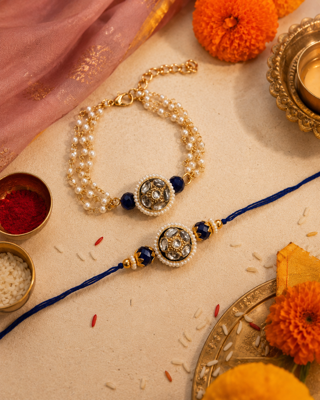 Blue Ritansh Meena Bhaiya Bhabhi Rakhi Bracelet Set | Tilak Set Included