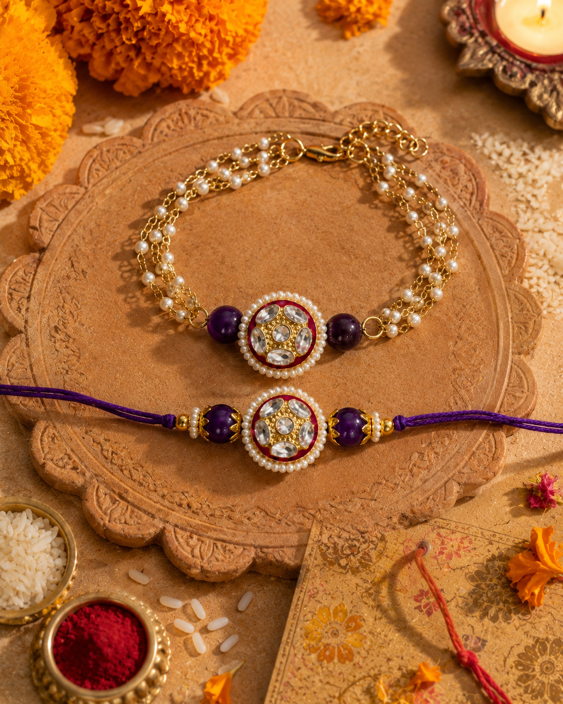 Purple Ritansh Meena Bhaiya Bhabhi Rakhi Bracelet Set | Tilak Set Included