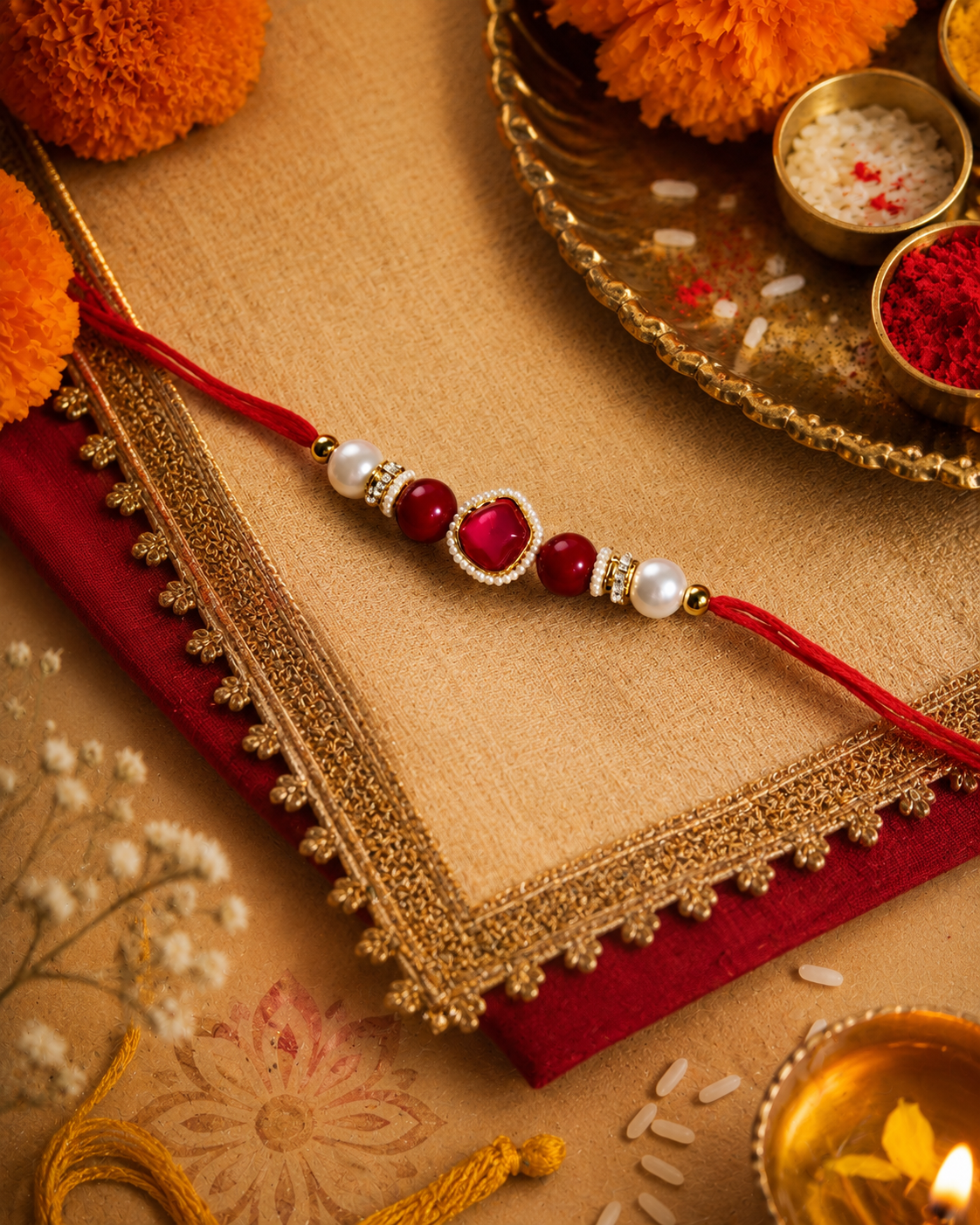 Red Elanika Kundan Rakhi for Brother | Tilak Set Included