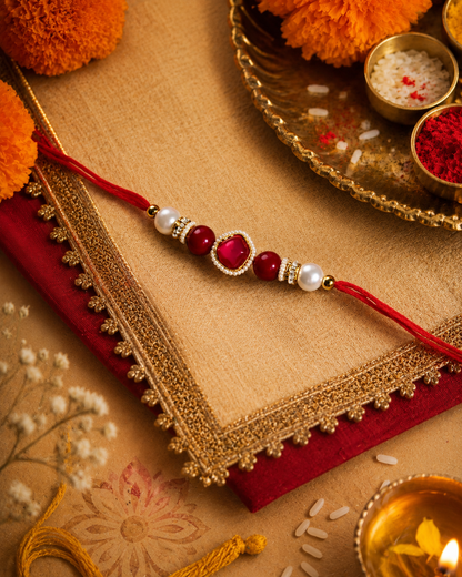 Red Elanika Kundan Rakhi for Brother | Tilak Set Included