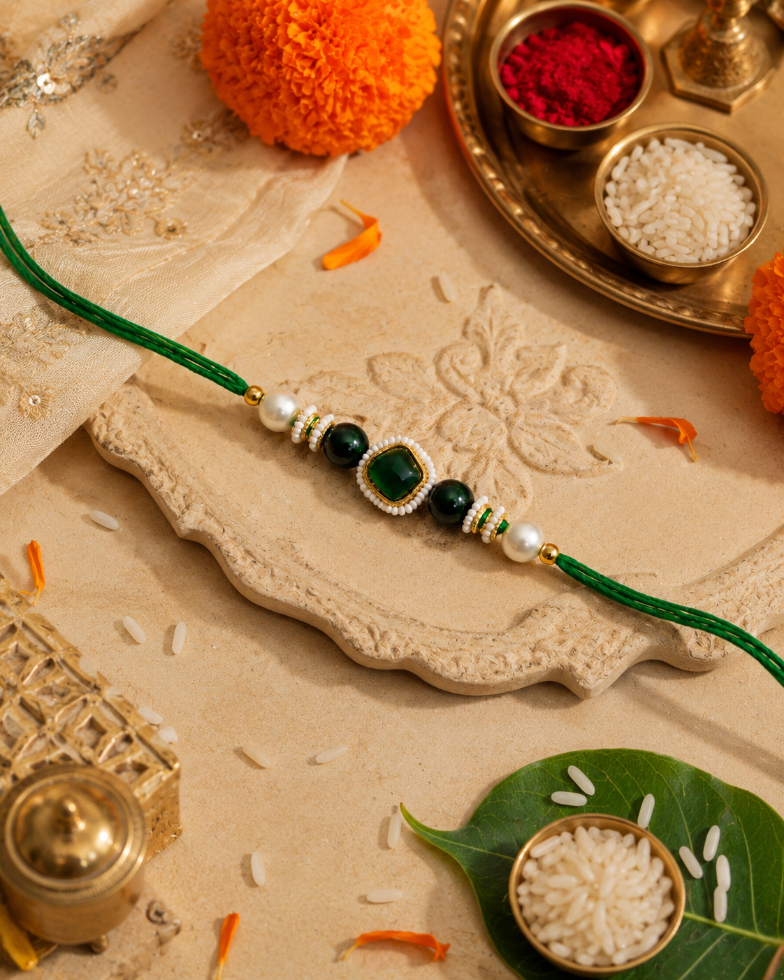 Green Elanika Kundan Rakhi for Brother | Tilak Set Included