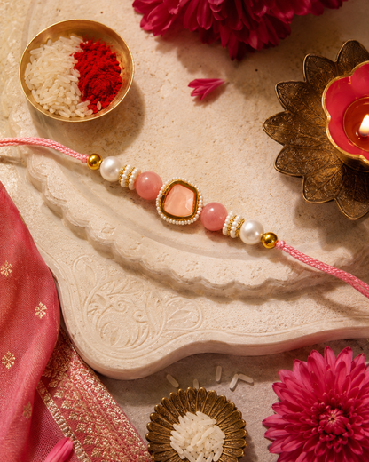 Peach Elanika Kundan Rakhi for Brother | Tilak Set Included