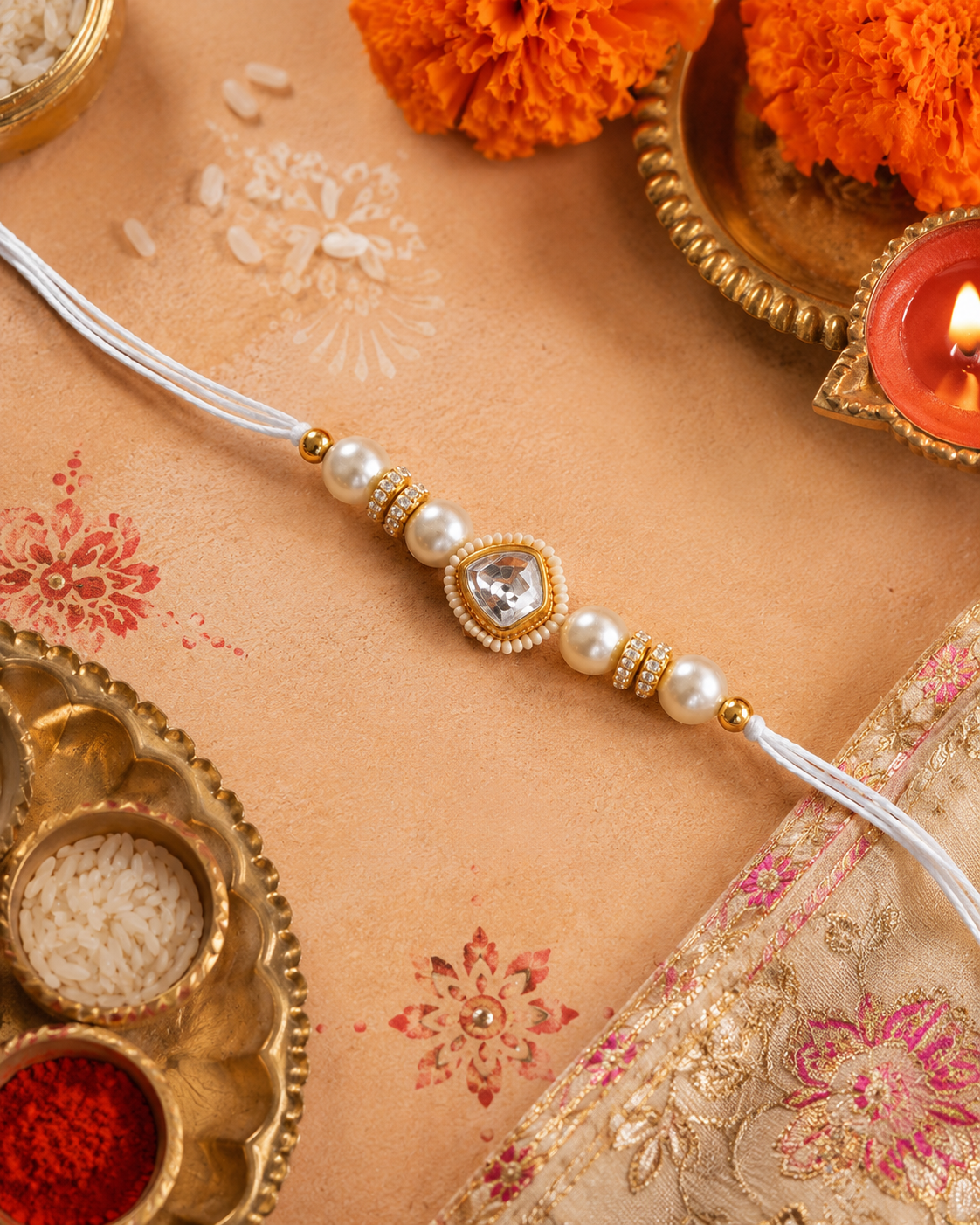 Silver Elanika Kundan Rakhi for Brother | Tilak Set Included