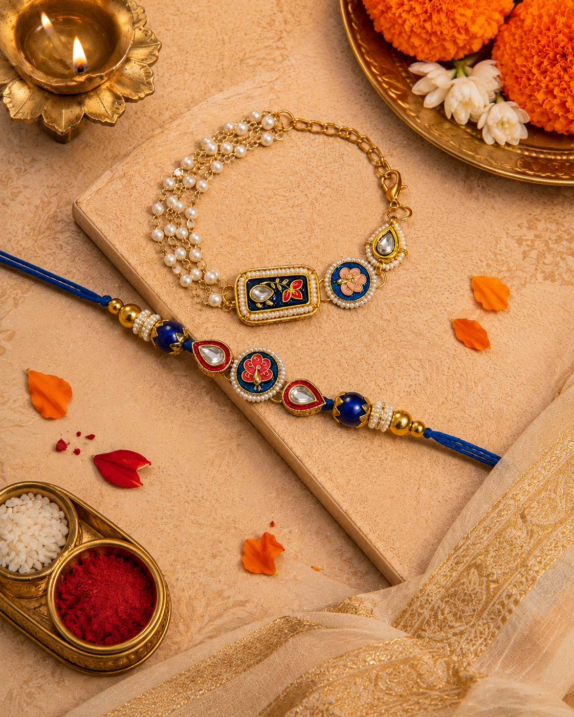 Blue Ovisha Meena Bhaiya Bhabhi Rakhi Bracelet Set | Tilak Set Included