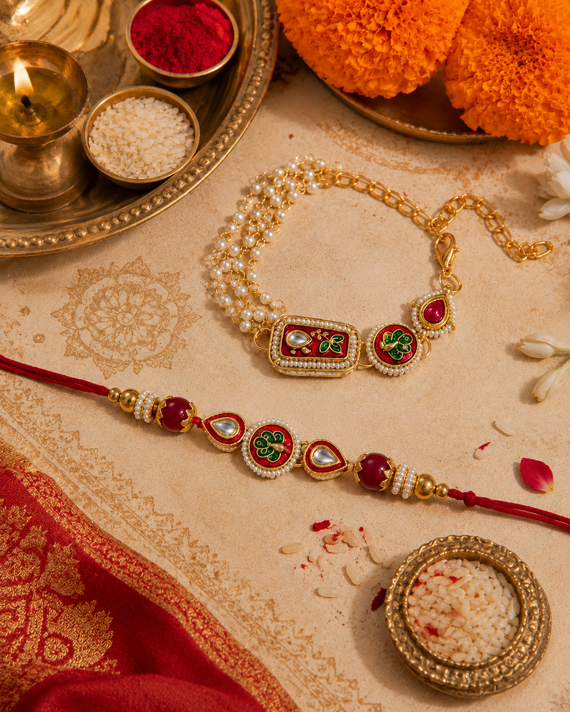 Red Ovisha Meena Bhaiya Bhabhi Rakhi Bracelet Set | Tilak Set Included