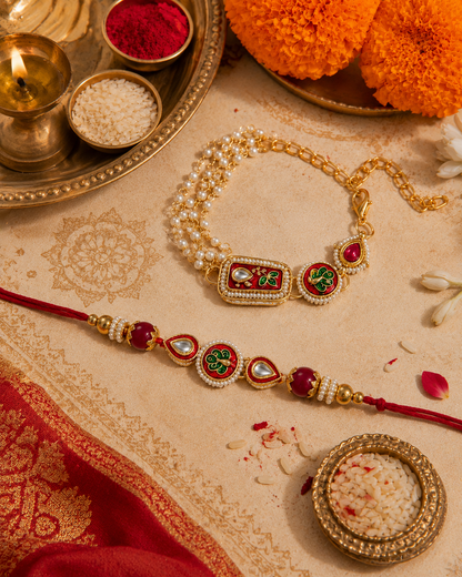 Red Ovisha Meena Bhaiya Bhabhi Rakhi Bracelet Set | Tilak Set Included