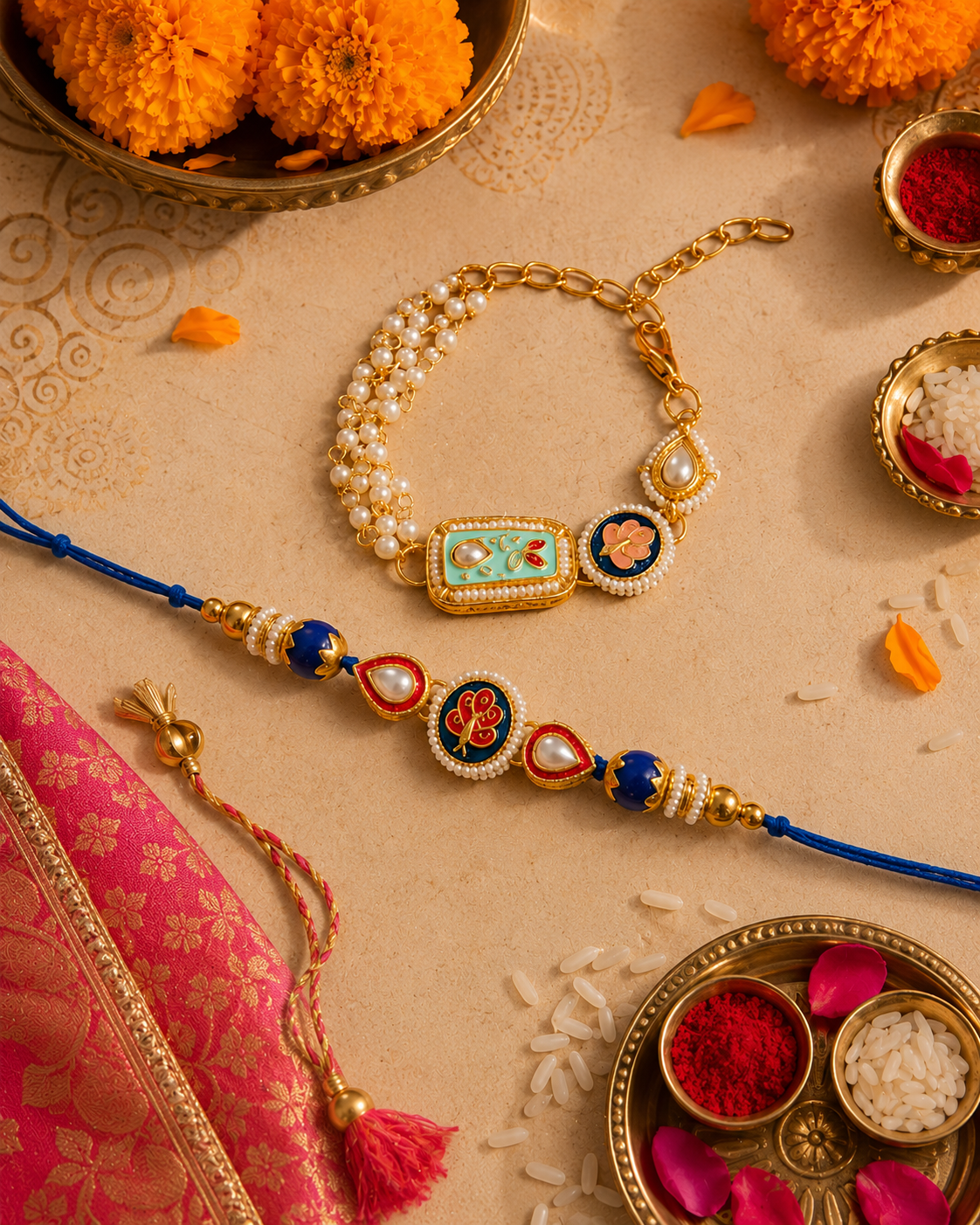 Turquoise Ovisha Meena Bhaiya Bhabhi Rakhi Bracelet Set | Tilak Set Included
