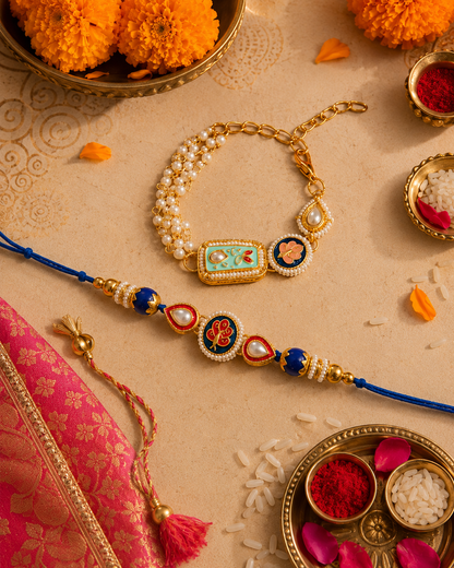 Turquoise Ovisha Meena Bhaiya Bhabhi Rakhi Bracelet Set | Tilak Set Included