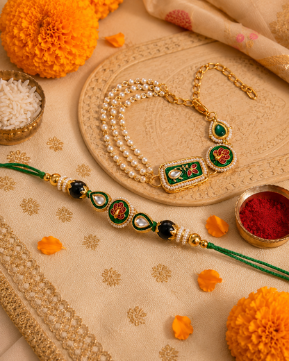 Green Ovisha Meena Bhaiya Bhabhi Rakhi Bracelet Set | Tilak Set Included