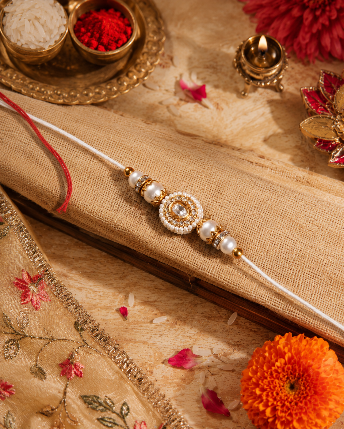 Pearl Maerika Zircone Rakhi for Brother | Tilak Set Included