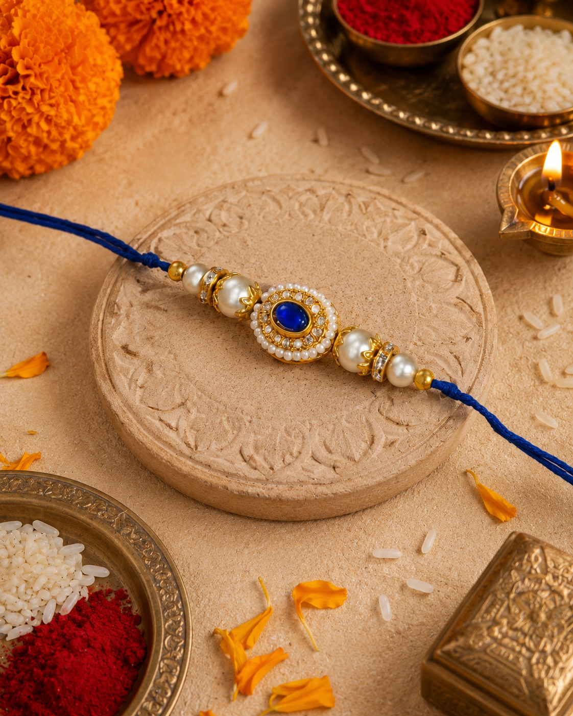Blue Maerika Zircone Rakhi for Brother | Tilak Set Included