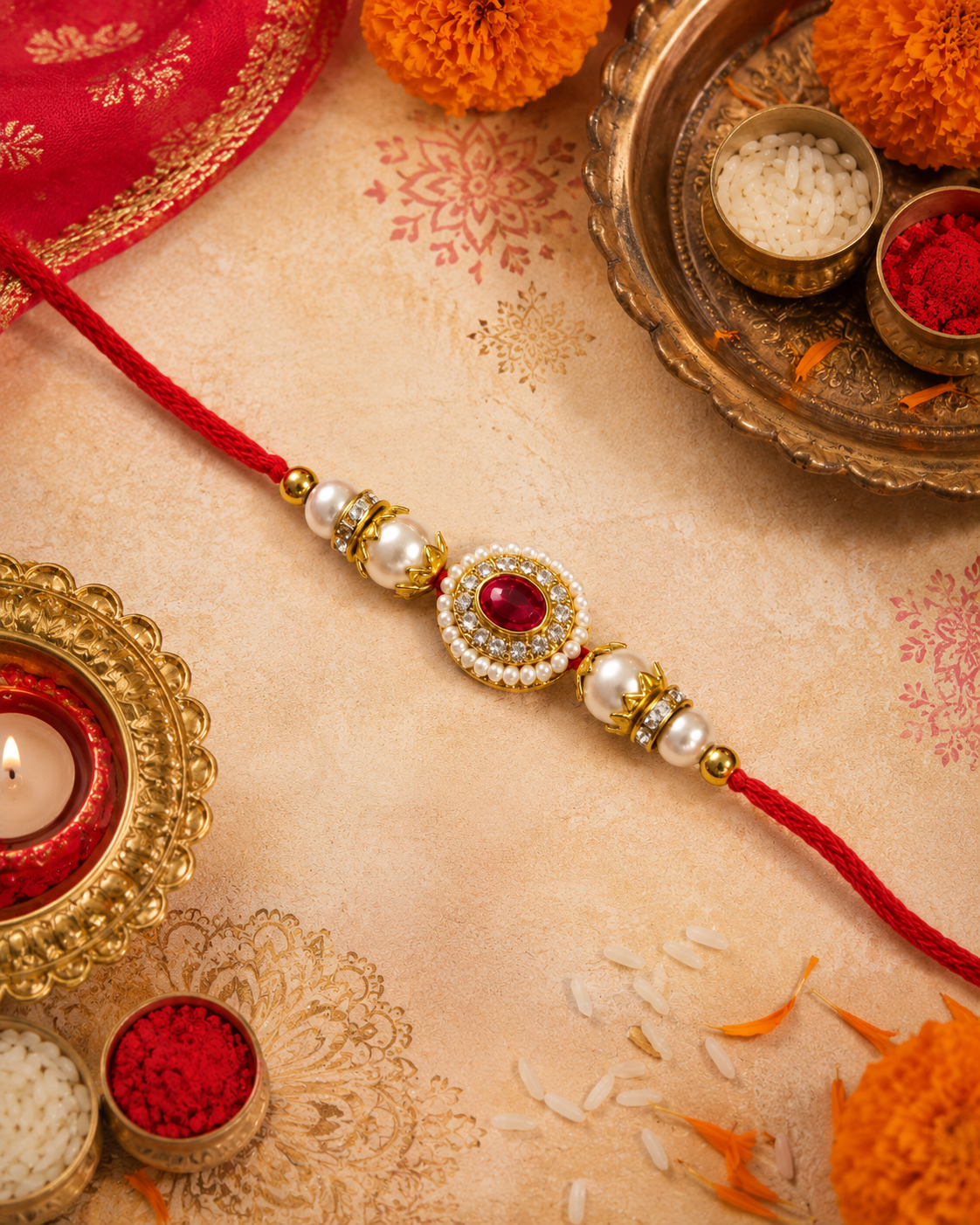 Red Maerika Zircone Rakhi for Brother | Tilak Set Included