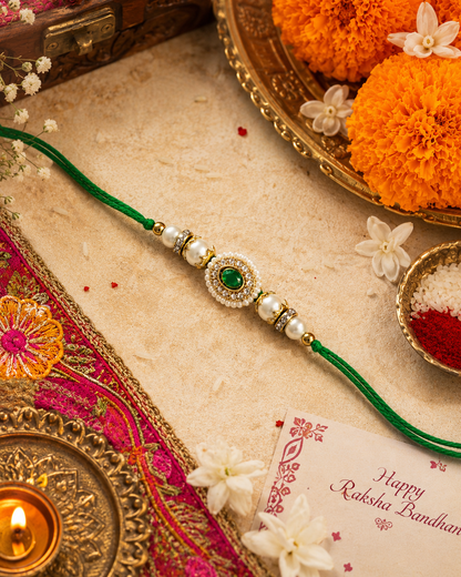 Green Maerika Zircone Rakhi for Brother | Tilak Set Included