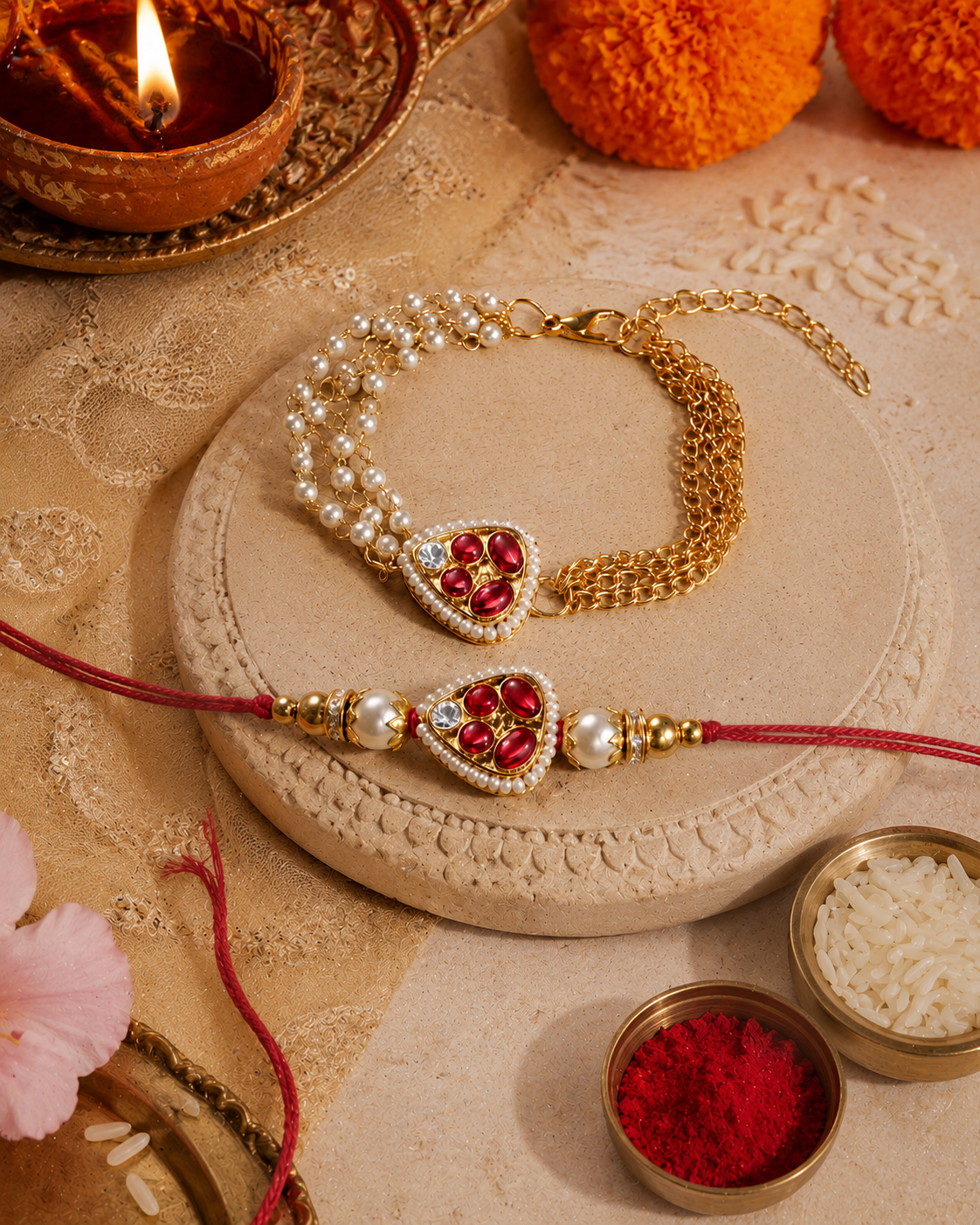 Ruby Kairika Bhaiya Bhabhi Rakhi Bracelet Set | Tilak Set Included