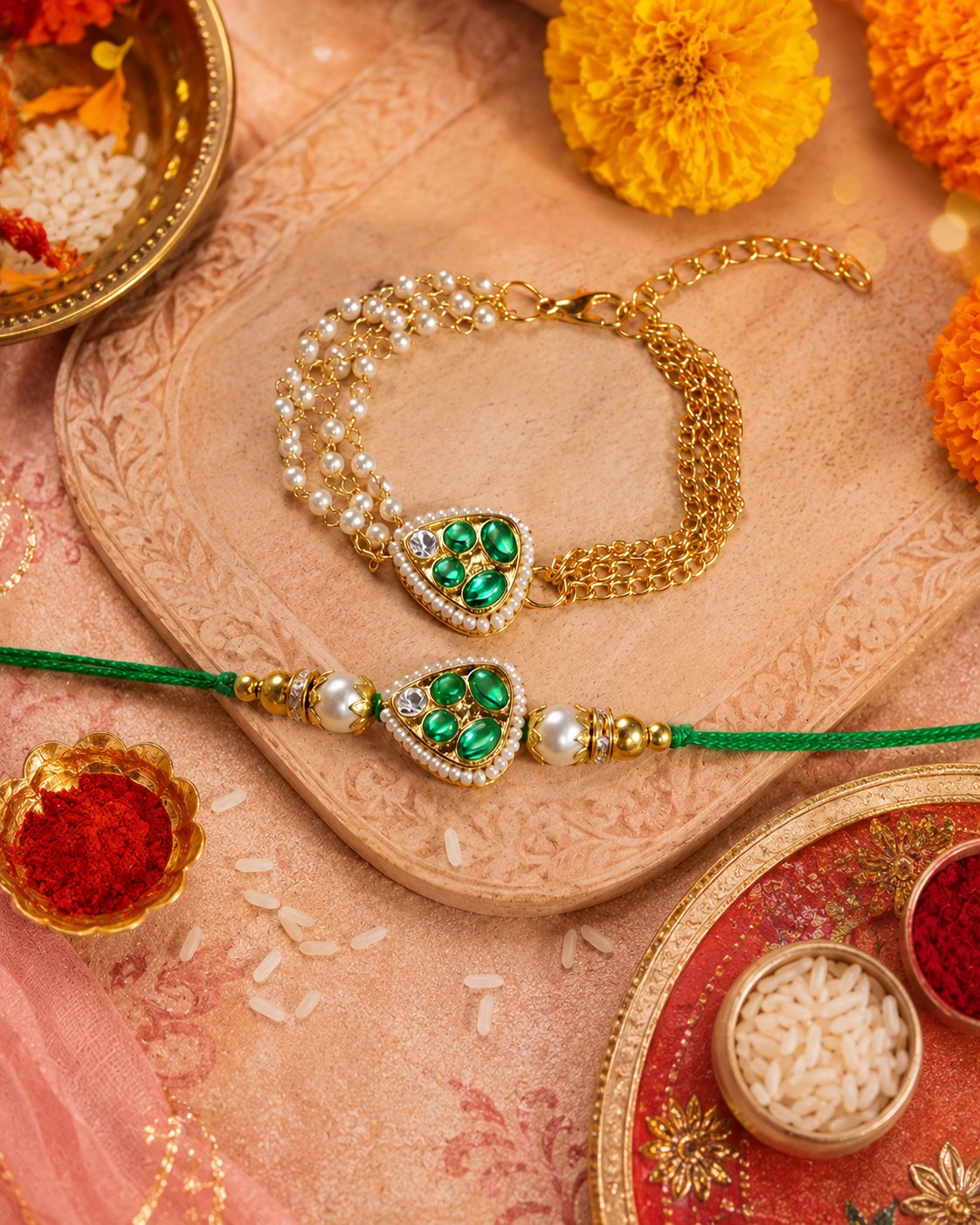 Green Kairika Bhaiya Bhabhi Rakhi Bracelet Set | Tilak Set Included