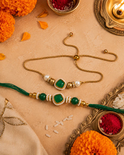 Green Trivika Bhaiya Bhabhi Rakhi Bracelet Set | Tilak Set Included