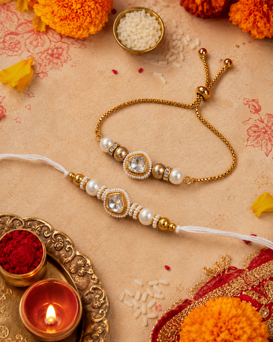 Pearl Trivika Bhaiya Bhabhi Rakhi Bracelet Set | Tilak Set Included