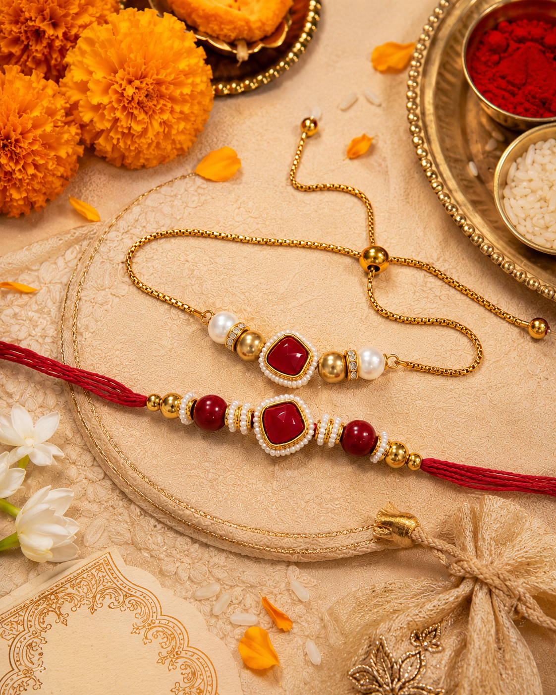 Ruby Trivika Bhaiya Bhabhi Rakhi Bracelet Set | Tilak Set Included