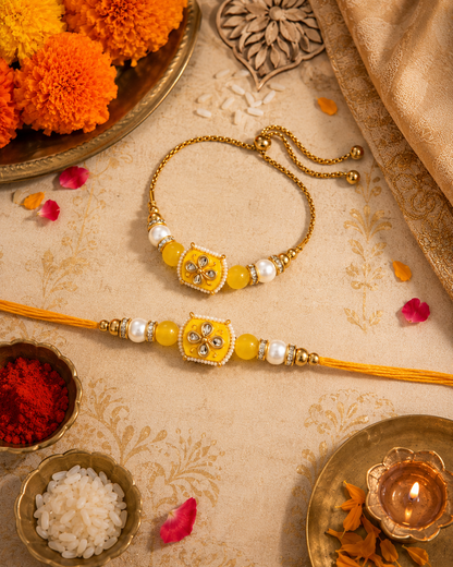Yellow Aarlina Bhaiya Bhabhi Rakhi Bracelet Set | Tilak Set Included