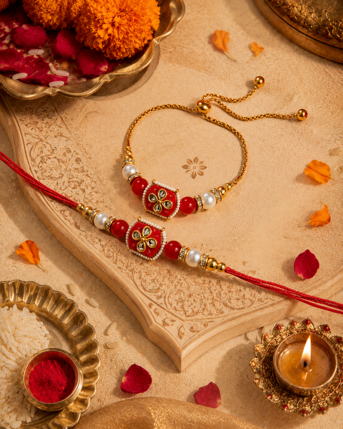 Red Aarlina Bhaiya Bhabhi Rakhi Bracelet Set | Tilak Set Included