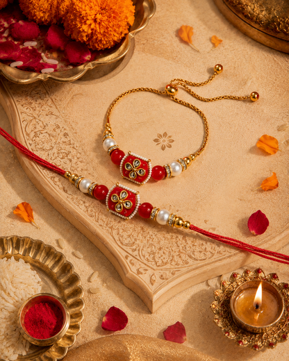 Red Aarlina Bhaiya Bhabhi Rakhi Bracelet Set | Tilak Set Included