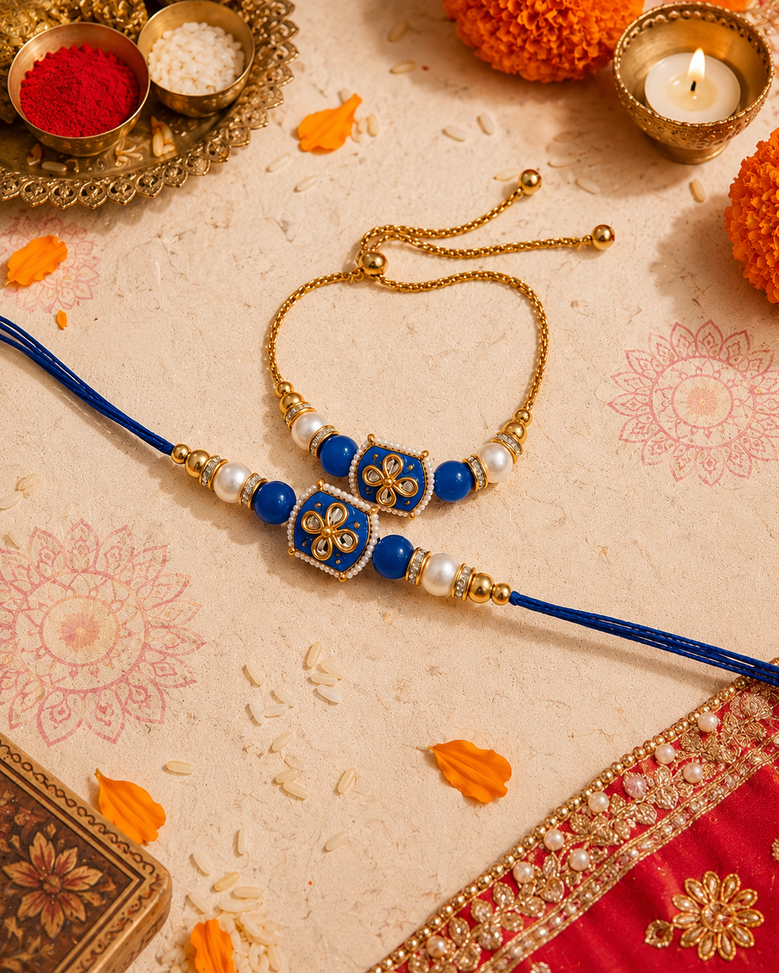 Blue Aarlina Bhaiya Bhabhi Rakhi Bracelet Set | Tilak Set Included