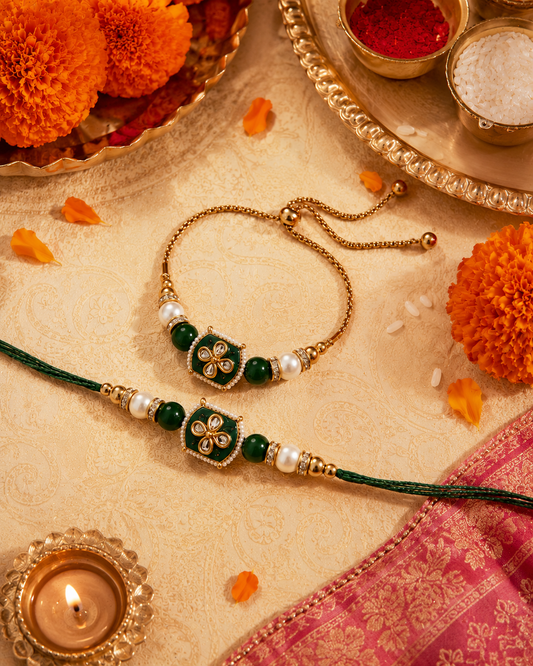 Green Aarlina Bhaiya Bhabhi Rakhi Bracelet Set | Tilak Set Included