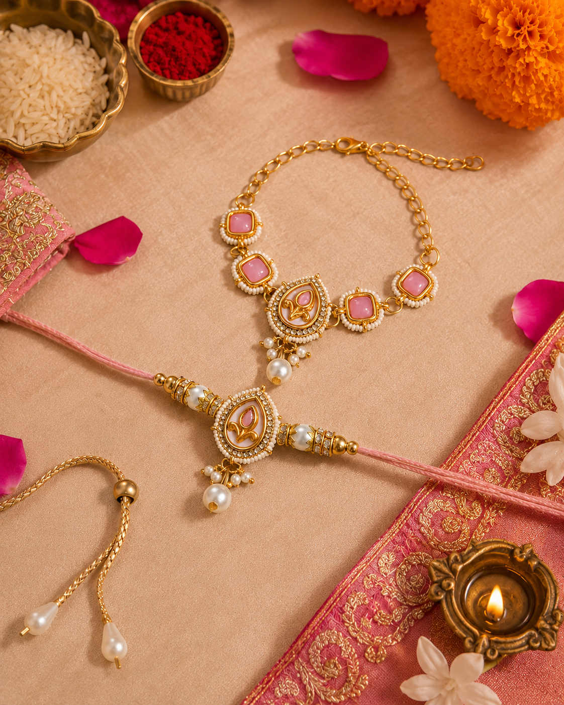 Blush Varyan Bhaiya Bhabhi Rakhi Bracelet Set | Tilak Set Included