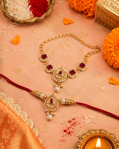 Red Varyan Bhaiya Bhabhi Rakhi Bracelet Set | Tilak Set Included