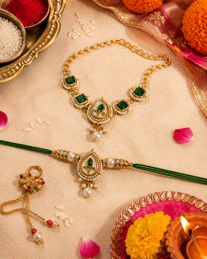 Green Varyan Bhaiya Bhabhi Rakhi Bracelet Set | Tilak Set Included