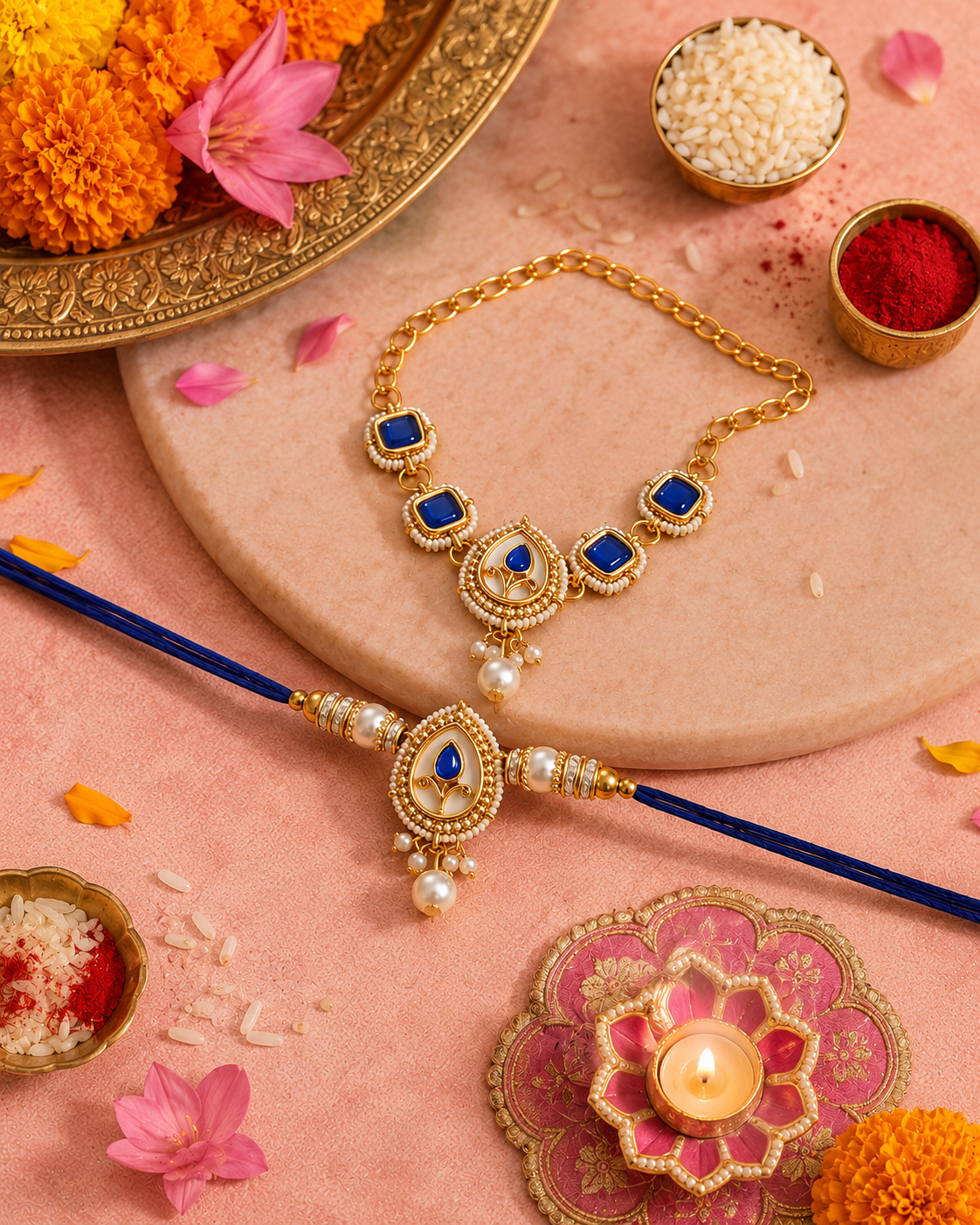 Blue Varyan Bhaiya Bhabhi Rakhi Bracelet Set | Tilak Set Included